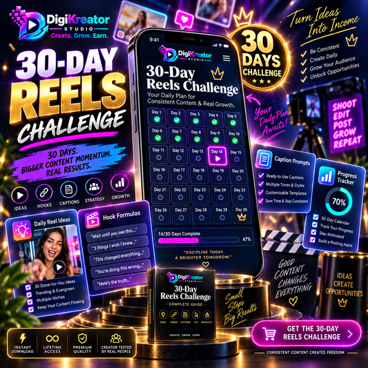 DigiKreator Studio 30-Day Reels Challenge premium digital product mockup
