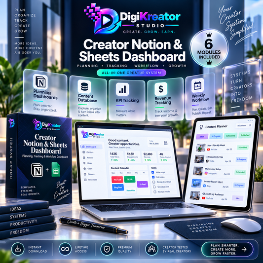 DigiKreator Studio Creator Notion and Sheets Dashboard premium digital product mockup